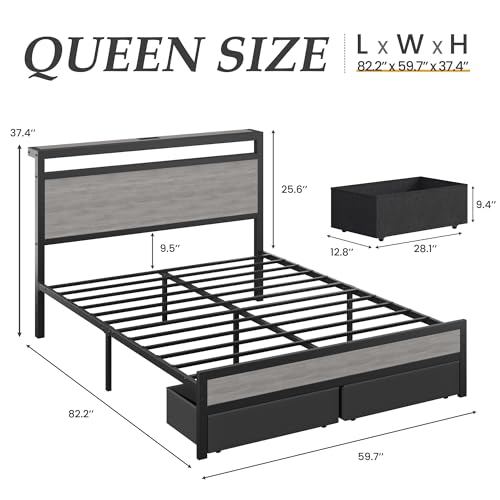 Fluest Queen Bed Frame,Queen Bed Frame with Storage Headboard & 2 Storage Drawer, Charging Station & LED Light, No Box Spring Needed, Noise Free, Easy Assembly, Rustic Grey Fluest