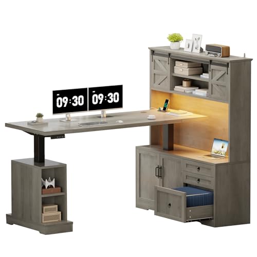 Homiflex 70.86" Farmhouse L Shaped Standing Desk with Hutch Electric Height Adjustable Desk with Storage Corner Computer Desk with File Drawer Power Outlets LED Gaming Desk with Sliding Door, Grey Homiflex