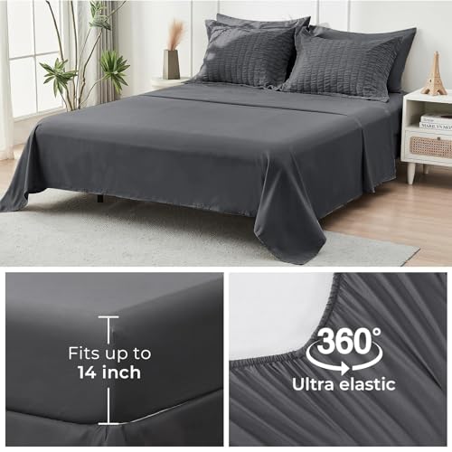 HYMOKEGE 7 Piece King Size Comforter Set Seersucker, All Season Luxury Bed in a Bag for Bedroom, Bedding Set with Comforters, Sheets, Pillowcases & Shams, Dark Grey HYMOKEGE