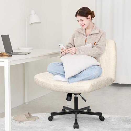 Orange Factory Criss Cross Chair Wheels Wide Cross Legged Office Desk Vanity Chair Comfy Fabric Armless Adjustable Swivel for Home Computer Task (Beige) Orange Factory