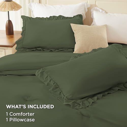 Andency Olive Green Twin Size Comforter Set (66x90Inch), 2 Pieces Fluffy Shabby Chic Ruffle Bedding Comforter Sets, All Season Soft Lightweight Bedding Set for Kids, College Dorm