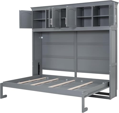 Virubi Queen Horizontal Murphy Bed with Storage Cabinet,Wood Folding Murphy Wall Bed for Adult (Grey,Queen) Virubi