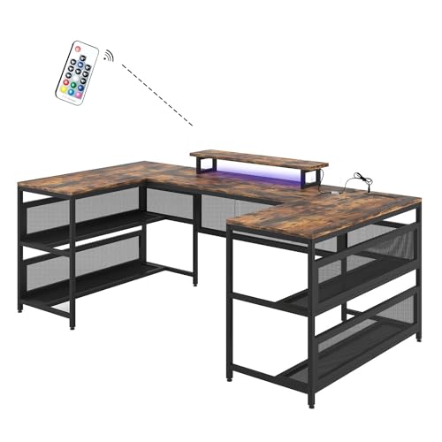Saranya 18 Shop New Modern Brown U Shaped Gaming Desk Computer 3 Spacious Desktop 4 Storage Racks Shelf Cabinet Shelves LED Lights Reversible Home Office 81.9”L x 42.5”W x 30.5”H of Set, 366302510310 WoodArtSupply
