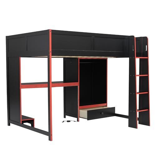 LZ LEISURE ZONE Gaming Bed, Wood Full Size Gaming Loft Bed with Built-in Desk, Wardrobe, LED and a Drawer, Black LZ LEISURE ZONE