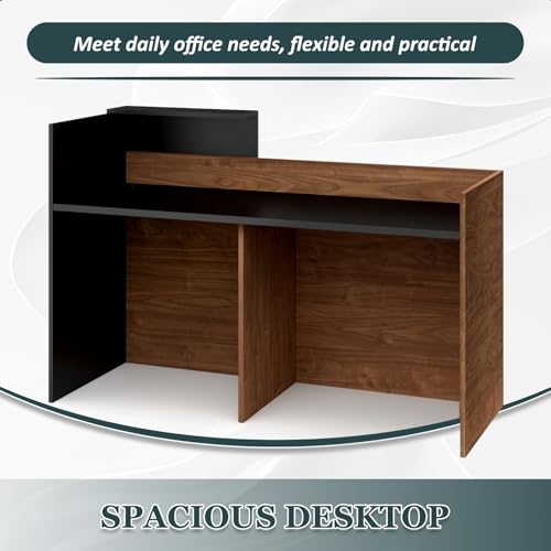 YTElantivo 63″ L-Shaped Reception Desk with Counter – Modern Office Front Desk for Salon, Clinic & Retail, Spacious Workstation, Easy Assembly, Black-Brown Receptionist Desk YTElantivo
