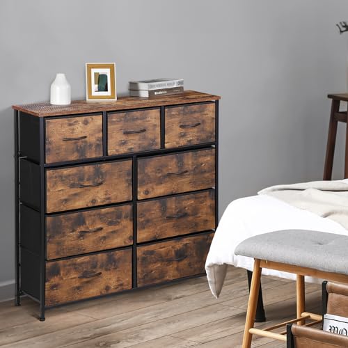 SUPER DEAL Dresser for Bedroom Fabric Dresser Storage Tower Tall Chest Organizer Unit with 9 Drawers for Living Room Nursery Entryway Closets, Steel Frame, Wood Top Rustic Brown SUPER DEAL