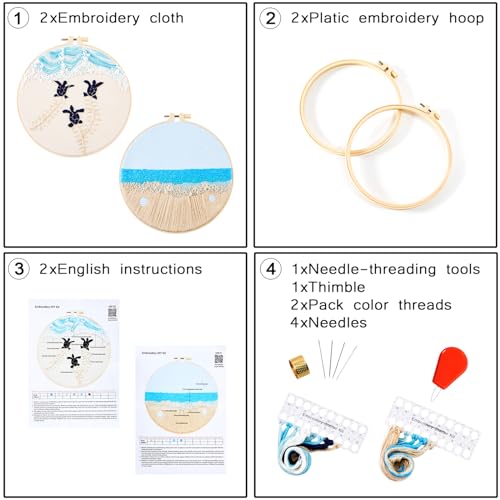 Embroidery Kit for Beginner Adults, Stamped Cross Stitch kits for Adults Beginners, Ocean Hand Embroidery Starter Needlepoint Kit, 2 Set Embroidery Supplies, 2 Hoops (Attached Teaching Video QR Code)