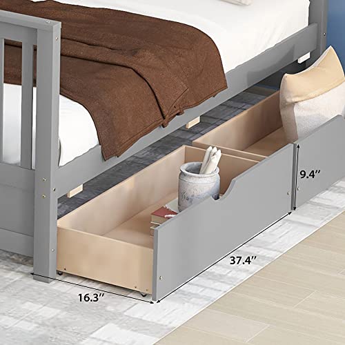Merax Wood Bunk Bed with Drawers,Convertible Wood Bunk Bed with Ladders and Two Storage Drawers,Solid Wood Detachable Bed Frame with Ladders,Twin Over Full Size,Grey Merax