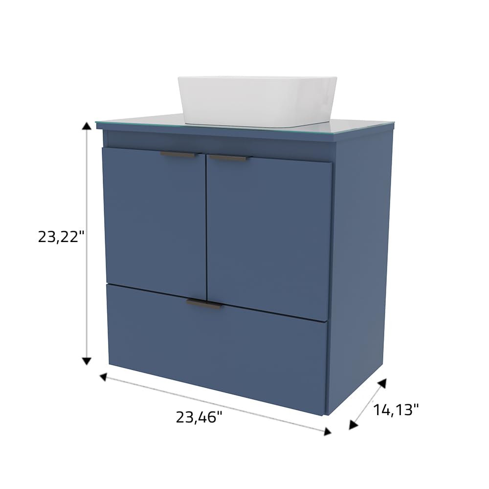 COZIMAX Soul 23" Combo Floating Bathroom Vanity with White Ceramic Sink Tempered Glass Countertop Soft Close Doors 1 Drawer Wall Mount (Blue) COZIMAX