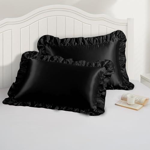 P Pothuiny 3-Piece Set Ruffle Satin Pillowcases & Queen Fitted Sheet, Luxury Black Satin Fitted Sheet Silky Soft Cute Bedding Bedroom Decor, Wrinkle Free, 15 Inch Deep Pocket P Pothuiny
