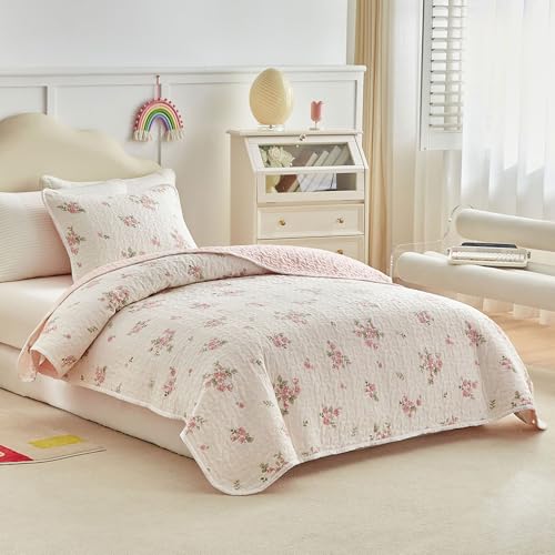 Joyreap Twin Size Quilt Set for Girls, Floral Pink n White Design, 2pcs Soft n Cozy Microfiber Quilt, Bedspread Bed Cover for All Season- 68x88 inches Joyreap
