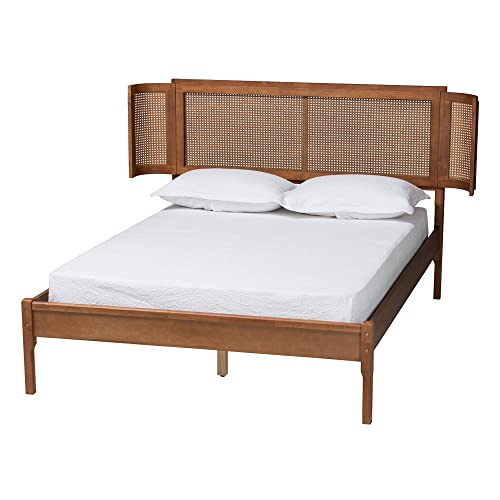 Baxton Studio Eridian Mid-Century Queen Platform Bed in Walnut Brown with Natural Rattan Baxton Studio