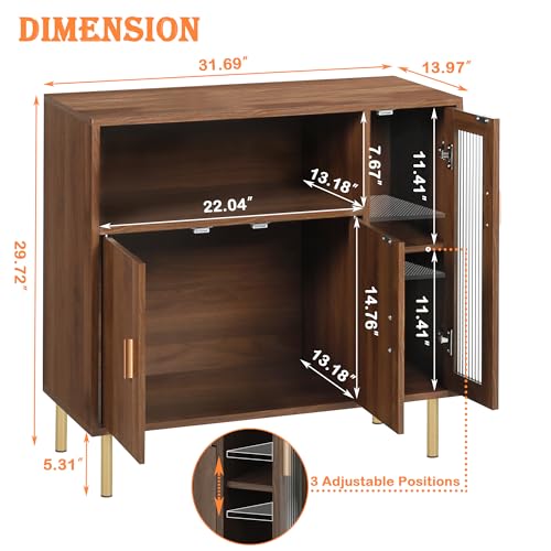 LAZZO Storage Cabinet Credenza Sideboard Buffet Cabinet with Glass Doors Free Standing Accent Entry Cabinet Coffee Bar Cabinet for Living Room, Hallway, Kitchen and Dining Room Brown LAZZO