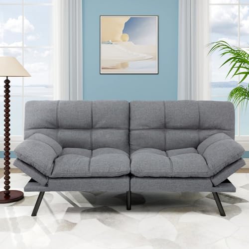 MUUEGM Futon Sofa Bed, 71" Convertible Linen Memory Foam Couch Bed, Modern Backrests Armrests Love Seat for Living Room,Apartment,Office,Light Grey Sleeper Couch MUUEGM
