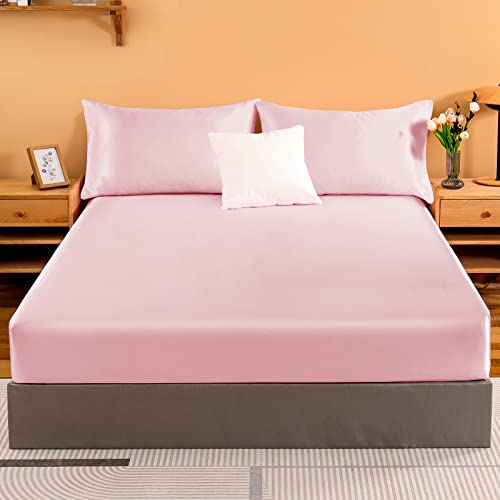 NSGZ Satin Fitted Sheet Twin, Single Silky Fitted Sheet Only Soft Deep Pocket Bottom Bed Sheets, Wrinkle Free & Fade Resistant & Breathable Bottom Sheets- Pink NSGZ