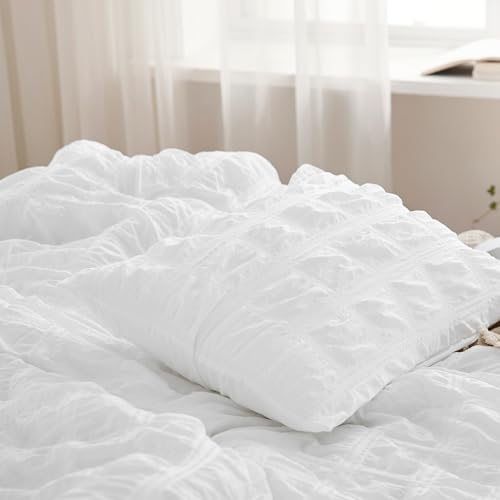 Bedsure Bed in a Bag Twin - 5 Pieces Plaid Seersucker Bedding Comforter Sets, Soft Lightweight White Boho Bed Set with Comforters Twin Size, Sheets, Pillowcase & Sham Bedsure