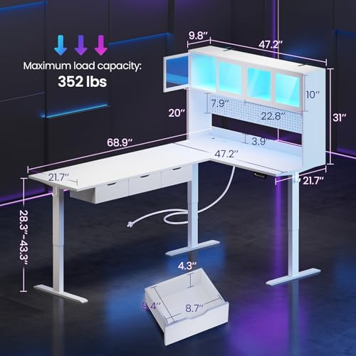 SEDETA 68.9" Standing L Shaped Gaming Desk, Office Computer Desk with Storage Hutch and Drawers, Stand Up Corner Desk with Pegboard & Led Lights for Home Office, White SEDETA