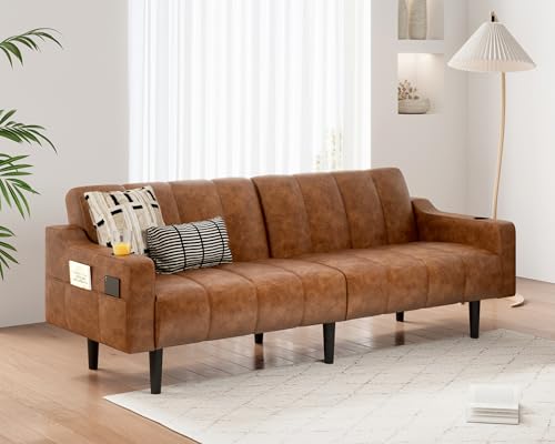 Brelice 80'' Leather Couch, Futon Sofa Bed, Faux Leather Couch with Adjustable Backrest, 2 Cup Holders & Side Pockets, Mid Century Modern Sofa for Living Room, Bedroom, Brown Brelice
