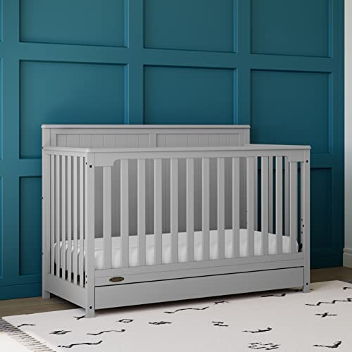 Graco Hadley 5-in-1 Convertible Crib with Drawer (Pebble Gray) – GREENGUARD Gold Certified, Crib with Drawer Combo, Full-Size Nursery Storage Drawer, Converts to Toddler Bed, Daybed Graco