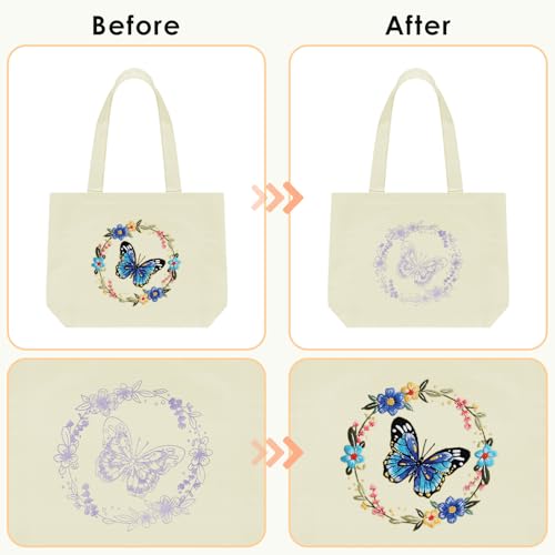 ERKOON Canvas Tote Bag Embroidery Kit for Beginners, Floral Arts Crafts Cross Stitch Kits for Adults Including Stamped Embroidery Bag with Hoops, Needle, Instruction and Color Threads (Butterfly)