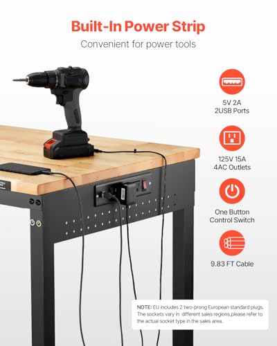 VEVOR Adjustable Workbench, 48-Inch Work Bench with Power Outlet, Wheels, and Pegboard, 2000 lbs Load Heavy Duty Oak Wood Top Work Table for Garage, Workshop, Office, and Home VEVOR