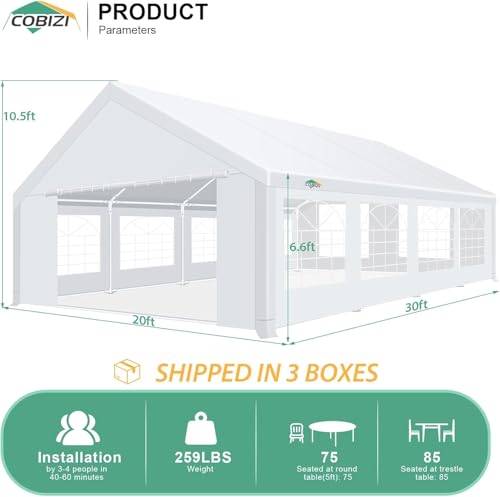 COBIZI 20x30 Party Tent Heavy Duty, Galvanized Wedding Tent, Event Shelter for Parties, Large Outdoor Gazebo with Removable Sidewall & Built-in Sandbag, Carpas para Fiestas, Waterproof, White COBIZI