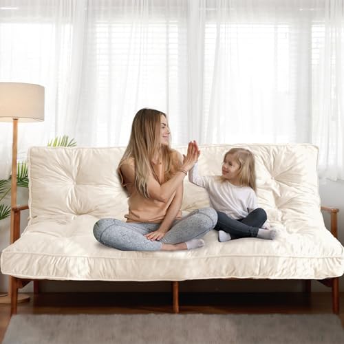 MAXYOYO 6" Futon Mattress Queen Size, Velvet Thick Futons Sofa Couch Bed, Floor Mattress for Adults, Shredded Foam Filling (Frame Not Included), Beige, 60x80 Inch MAXYOYO