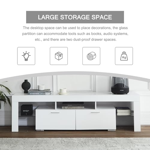 FENFSHE LED TV Stand for 65/70/75 Inch TV, Entertainment Center with Storage Drawer, Industrial TV Console Table for Living Room and Bedrooms, White FENFSHE