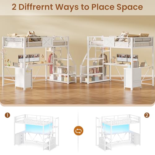 Itaar Stairway Twin Size Loft Bed with L Shaped Desk and Wardrobe, Metal Loft Bed Frame with Stairs, 3 Fabric Drawers, LED Lights & Charging Sation, No Noise & No Box Spring Needed, White Itaar