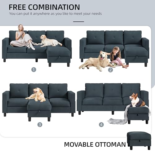 Shintenchi Upholstered Convertible Sectional Sofa for Living Room, 3 Seat L Shaped Couches with Storage Function Ottoman, Modern Linen Convertible Sofas with Reversible Chaise Shintenchi