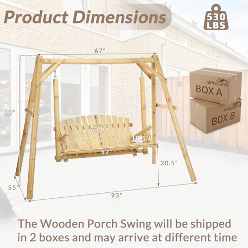 EPICOZY 2-Seat Porch Swing, Wooden Log Patio Swing Chair Bench with Stand, Rustic Hardwood Swing Chair with Curved Back, Wood Seating Porch Swings for Outside Yard, Garden, Deck, Poolside, Natural EPICOZY