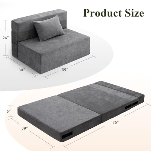 HOMFINE Folding Sofa Bed - Convertible Sleeper Chair with Pillow, Fold Out Couch, Memory Foam Floor Mattress, Futon Couch, Lazy Sofa for Living Room/Dorm/Guest Room/Home Office, Twin, Gray HOMFINE