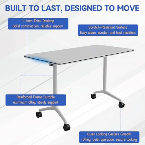 2pcs 47.2 Inch Folding Conference Table with Silent Wheels,Mobile foldable Flip Top Rectangular Meeting Tables for Office Training classroom,Locking Rolling Modular White Desk for Space Saving JFazzruit