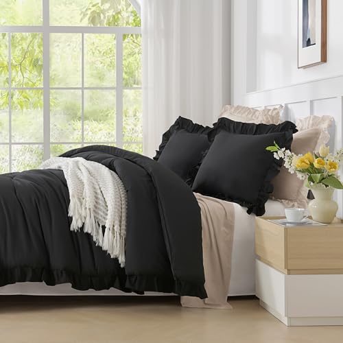 Andency Black King Size Comforter Set, 3 Pieces Farmhouse Shabby Chic Bedding Comforters & Sets, Soft Fluffy Lightweight All Season Down Alternative Bed Blanket Set Andency
