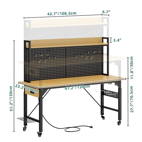 YITAHOME 48" Adjustable Workbench with Pegboard, Wheels, 1600 LB Capacity, Rolling Work Table with AC/USB Outlets, Hooks, and Rack, Heavy-Duty Work Bench for Garage, Workshop, Office YITAHOME