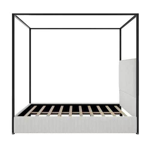 LUMISOL Queen Size Upholstered Canopy Bed, Metal 4 Poster Platform Bed with Tall Corduroy Headboard, Black Canopy Bed Frame with Headboard, No Box Spring Needed, White