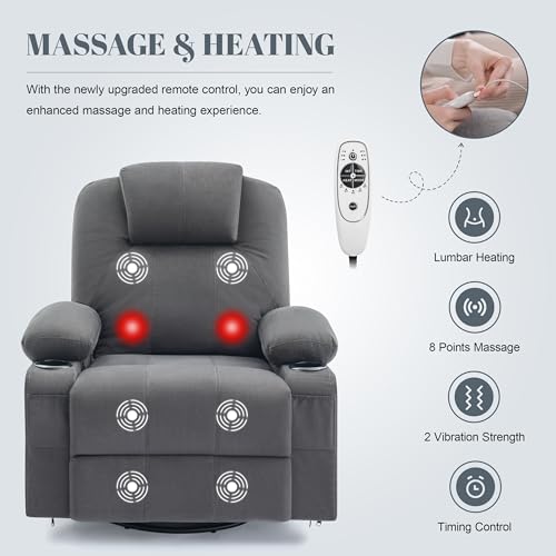 Weture Oversized Swivel Rocker Recliner Chair with Heat and Massage, Big Large Recliner Chair for Living Room, 360 Degree Swivel Rocking Single Sofa with Cup Holders and USB Port (Fabric, Darkgrey)