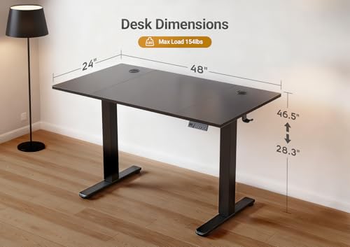 YDN Electric Standing Desk, Adjustable Height Stand up Desk, 48 x 24 Inches Sit Stand Home Office Desks, Black Frame/Black Top YDN