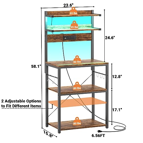 Aheaplus Rustic Brown Bakers Rack with Power Outlet & LED Lights, 5-Tier Kitchen Storage Shelf Aheaplus