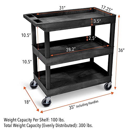 Stand Steady Tubstr 3 Shelf Utility Push Cart Supports Up to 300 lbs - Heavy-Duty Plastic Service Cart Great for Offices, Warehouse Storage, Garage Stand Steady