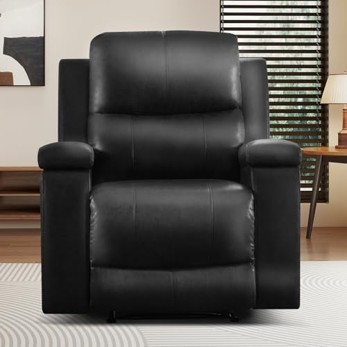 CANMOV Manual Recliner Chair, Classic Faux Leather Recliner Chair with Overstuffed Arms and Back, Manual Single Sofa with Concealed Cup Holders, Black