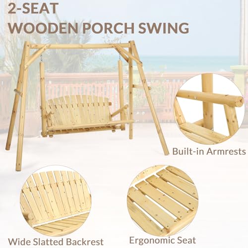 EPICOZY 2-Seat Porch Swing, Wooden Log Patio Swing Chair Bench with Stand, Rustic Hardwood Swing Chair with Curved Back, Wood Seating Porch Swings for Outside Yard, Garden, Deck, Poolside, Natural EPICOZY