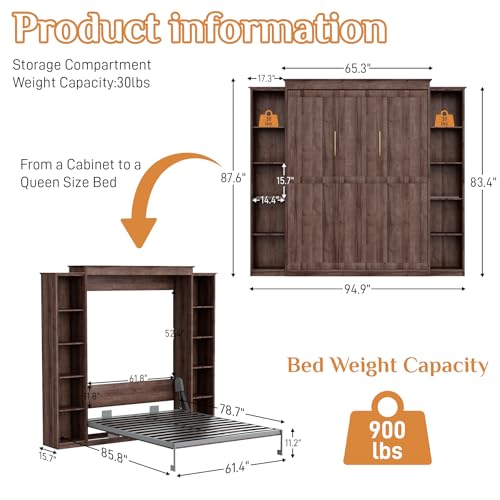 BEQAI Queen Murphy Bed with Storage Bookcase & 4 Adjustable Shelves,Foldable Space-Saving Queen Wood Wall Bedframe with Metal Legs,Hidden Bedframe for Guest Room,Study,Home,Office,Bedroom,Walnut Color BEQAI