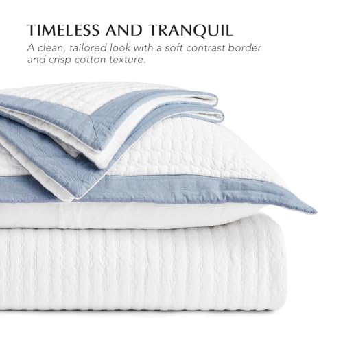 EVERGRACE Cotton Border Frame Tack-Stitch Quilt Bedding Set King Size, Coastal Oversized 3 Pieces Lightweight Bedspread Coverlet for All Season, with 2 Matching Shams, Blue Linen EVERGRACEHOME