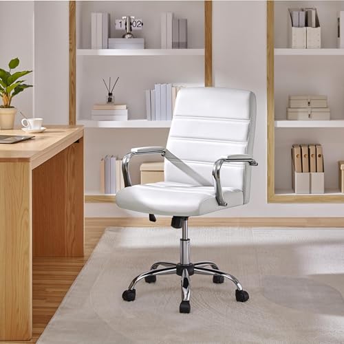 Yaheetech Office Desk Chair Mid-Back Leather Computer Chair Height Adjustable Ergonomic Executive Chair w/Lumbar Support Comfy Thick Padded Armrests and Seat, White Yaheetech