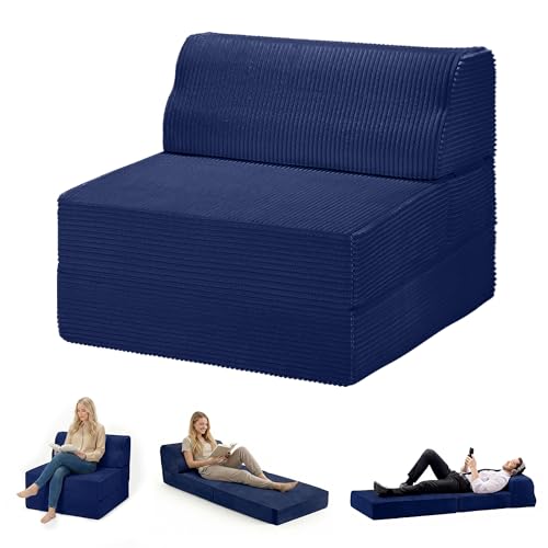 Kasunpul Folding Sofa Bed with Pillow, Memory Foam Fold Out Chair Bed, Convertible Sleeper Chair with Washable Cover, Futon Floor Couch for Living Room/Dorm/Guest Use/Home Office/Apartment, Navy Blue Kasunpul