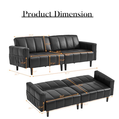 HMHKHN Comfy Faux Leather Couch for Chill Office Lounge, Adjustable Backrest, Convenient Side Pockets, Home-Ready Space-Saving Mid Century Modern Futon Sofa Bed (Black) HMHKHN