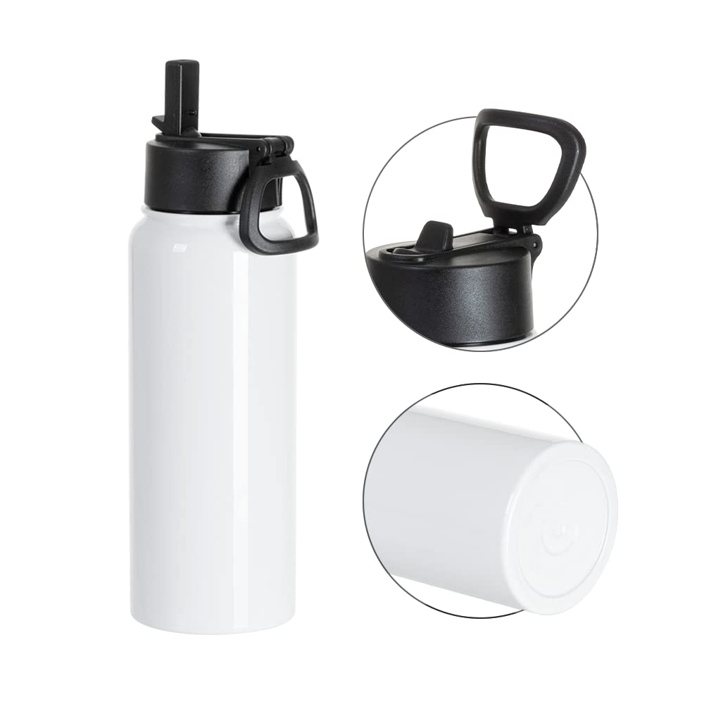 PYD Life 4 Pack Sublimation Water Bottle Blanks Sports Tumbler Cups White 30 OZ Wide Mouth Stainless Steel Vacuum Flask with Straw and Portable Handle for Cricut Mug Press Tumbler Press Print PYD Life