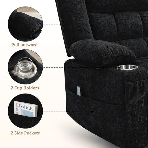Korser Adult 360° Rotating Recliner with Massage and Heating Functions, Cup Holder and Manual Tilt Mechanism, Suitable for Living Room and Bedroom (Fabric, Black)