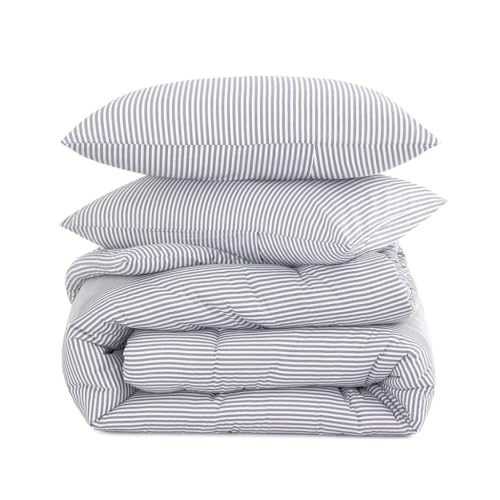 Wake In Cloud - Striped Comforter Set, 100% Cotton Fabric, Ticking Stripe Vertical Pinstripe Neutral Farmhouse Aesthetic, 3 Pieces Bedding Set, Gray, King Size Wake In Cloud